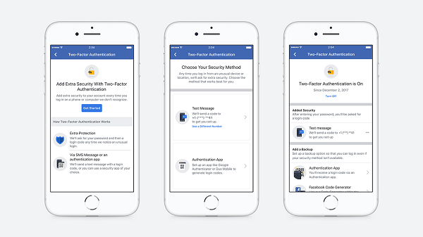 Facebook, kullanıcıların iki faktörlü yetkilendirme oluşturmasına olanak tanıyan kurulum akışını kolaylaştırdı ve bir hesabı güvence altına almak için bir telefon numarası kaydetme ihtiyacını ortadan kaldırdı.