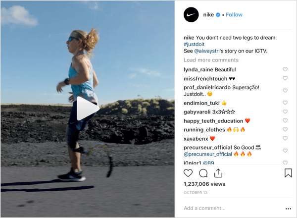 IGTV'yi tanıtan Nike Instagram gönderisi