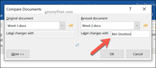 Word belgesi karşılaştırma aracında revize edilmiş değişiklikler için etiket belirleme