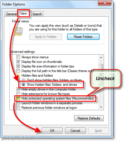 Windows 7'nin gizli dosyaları ve sistem dosyalarını görüntülemesine izin ver