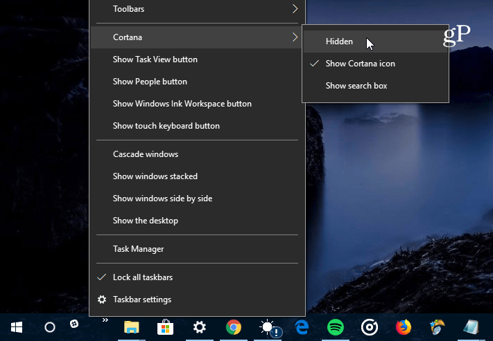 Cortana Arama Kutusunu gizle