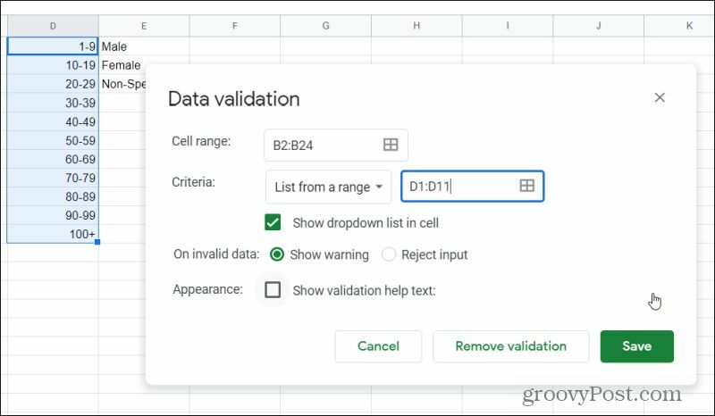 Google E-Tablolar'daki veri doğrulama penceresi