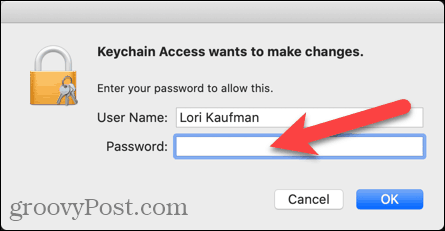 Anahtarlık Erişimi için kullanıcı adı ve şifre girin