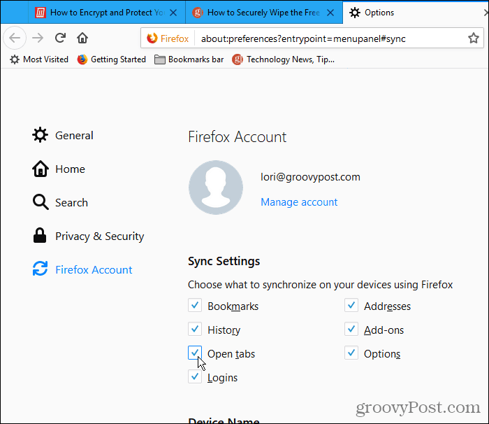 Windows için Firefox'ta Senkronizasyon Ayarları altındaki Açık sekmeleri işaretleyin