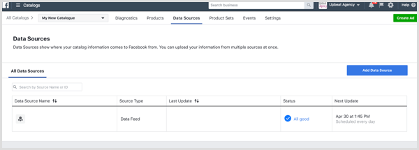 Facebook Katalog Yöneticisi Veri Kaynakları sekmesi
