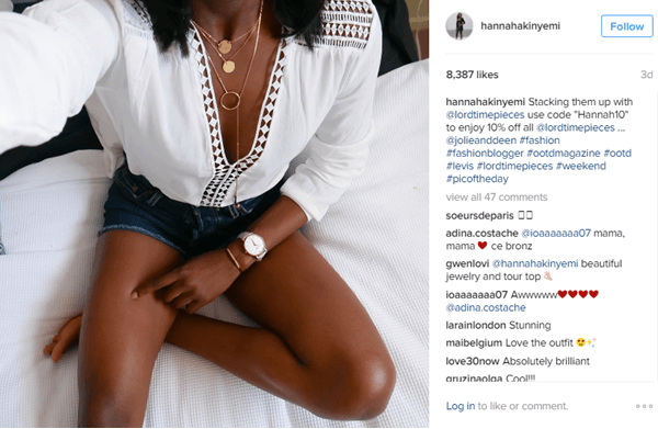 Model Hannah Akinyemi, Instagram'da indirim kodu ile birlikte Lord Timepieces'ten bir saat sunuyor.