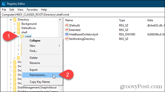 Bir kayıt defteri anahtarını sağ tıklatın ve Windows Kayıt Defteri Düzenleyicisi'nde İzinler'i seçin