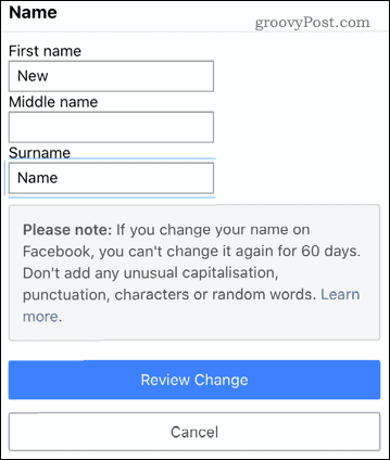 Facebook mobil uygulamasında bir adı düzenleme