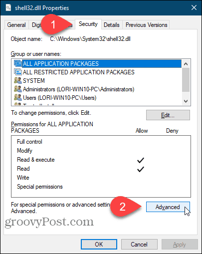 Windows Kayıt Defteri Düzenleyicisi'nde Özellikler iletişim kutusunda Gelişmiş'i tıklatın.
