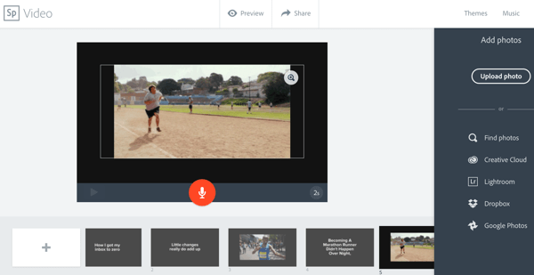 Adobe Spark'ta bir şablon seçebilir ve bunu metin, resimler ve video kliplerle özelleştirebilirsiniz.
