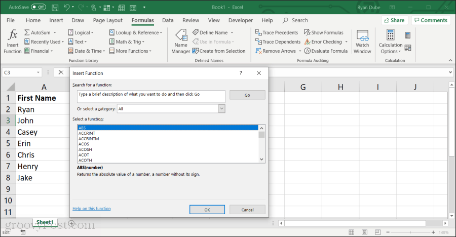 Excel'deki tüm Excel işlevlerinin listesi