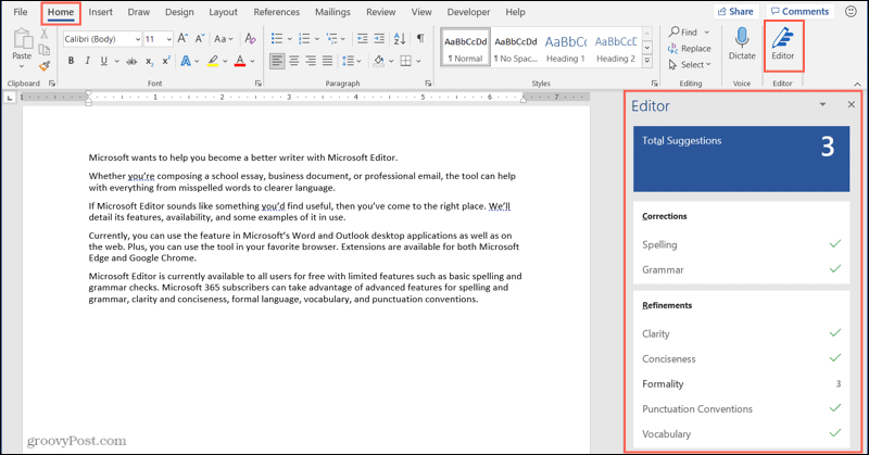 Word masaüstünde Microsoft Düzenleyici düğmesi ve kenar çubuğu