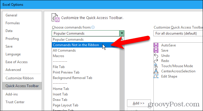 Excel Seçenekleri iletişim kutusundaki Şeritte Bulunmayan Komutlar'ı seçin