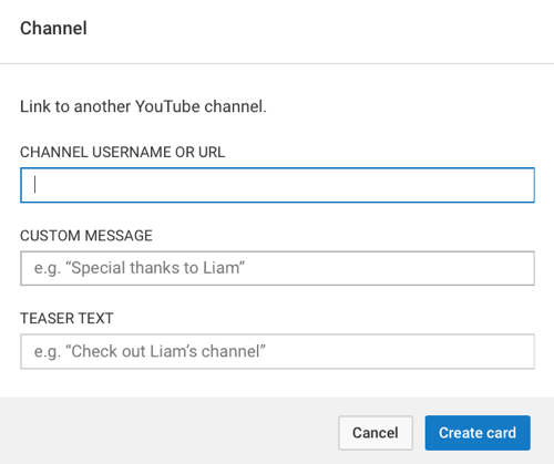 Farklı YouTube kartları türleri farklı bilgiler ister ancak hepsi kısa bir bilgi metni ister.