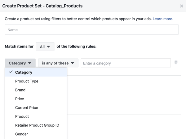 Müşterilere hangi ürünlerin gösterildiği filtreleri uygulamak için Facebook Etkinlik Kurulum Aracı, adım 28, Facebook menü seçeneğini kullanın