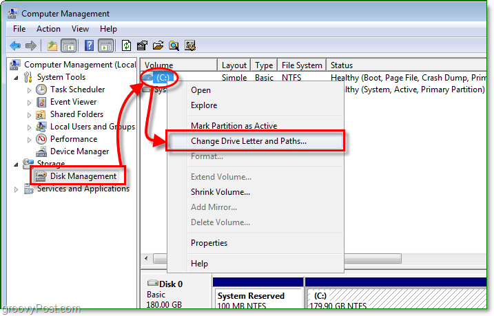 Windows 7'de sürücü harfini değiştir iletişim kutusuna girmek için disk yönetimi özelliğini kullanın