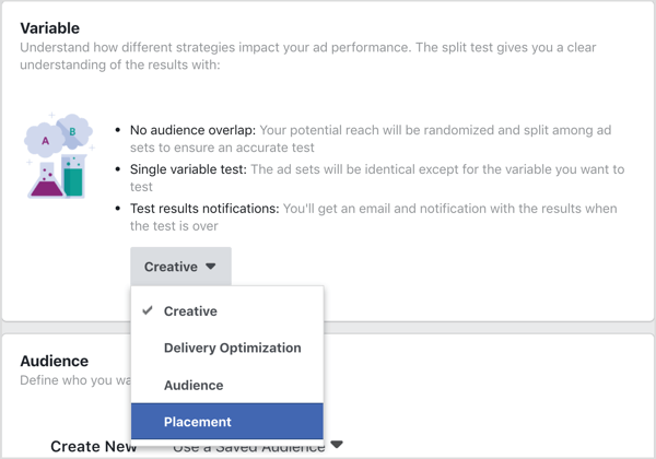 Facebook bölünmüş test ile test edilecek değişken olarak Yerleşimi seçin