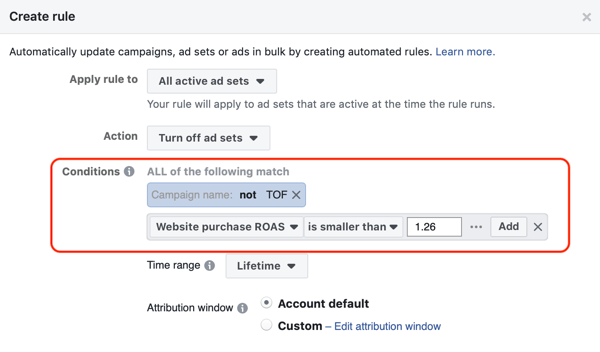 Facebook otomatik kurallarını kullanın, ROAS minimumun altına düştüğünde reklam setini durdurun, 3. adım, koşul ayarları