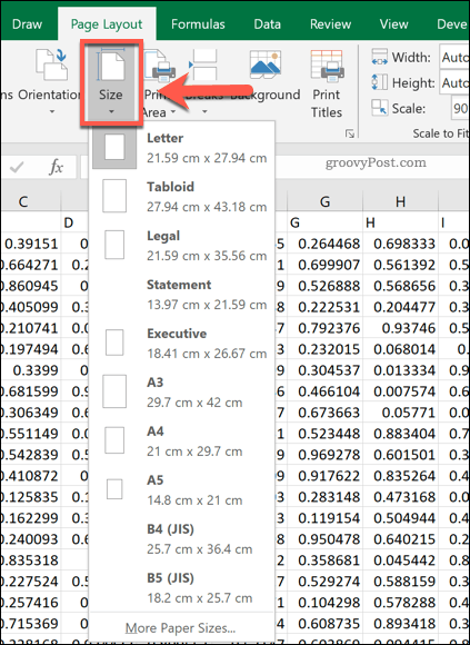 Excel sayfa boyutu seçenekleri