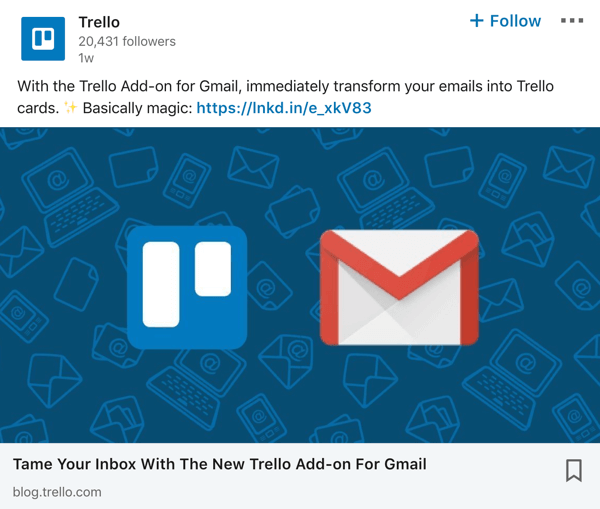 Trello LinkedIn şirket sayfası yayını örneği.