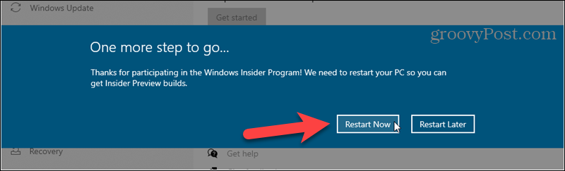 Windows Insider derlemelerine kaydolmayı tamamlamak için yeniden başlatın