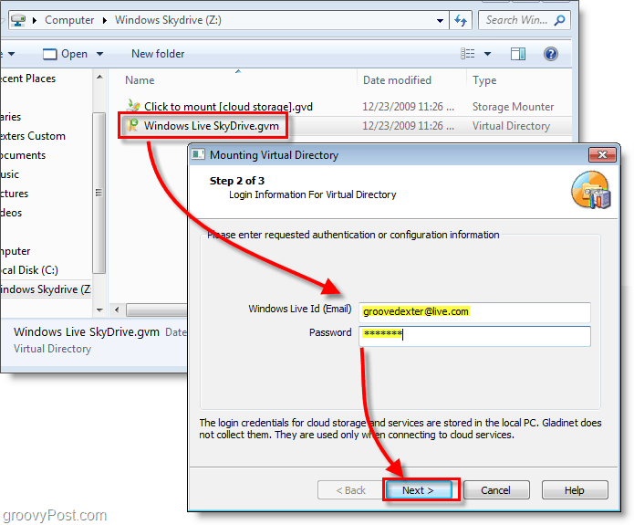 Windows Live Skydrive.gvm dosyasını tıklayın ve Canlı kullanıcı adınızı ve şifrenizi girin