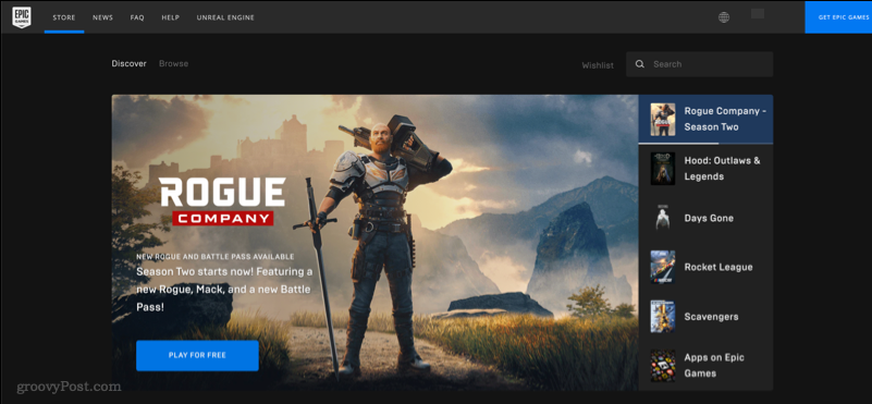 Epic Games Store web sitesini gösteren bir ekran görüntüsü