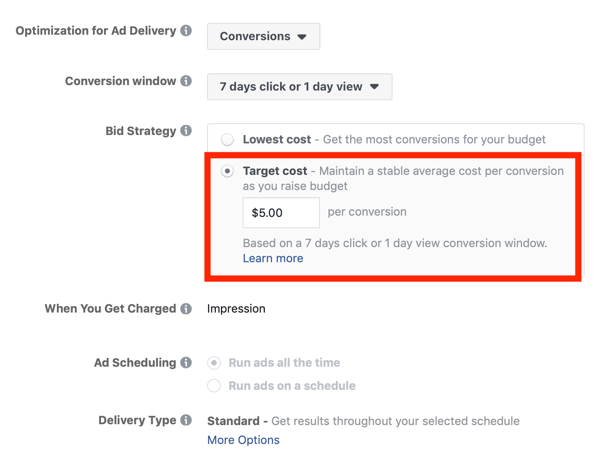 Facebook Reklam maliyetlerinizi düşürmek için ipuçları, teklif stratejisini hedef maliyete ayarlama seçeneği
