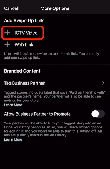 IGTV videosuna yukarı kaydırma bağlantısı ekleme seçeneği