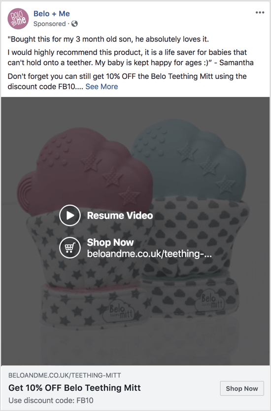 Bu Facebook reklamı, belirli bir üründe indirimi teşvik etmek için bir slayt gösterisi videosu kullanır.