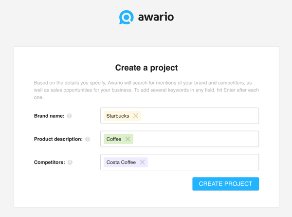 Awario sosyal medya dinlemek için nasıl kullanılır, Adım 1 bir proje oluşturun.