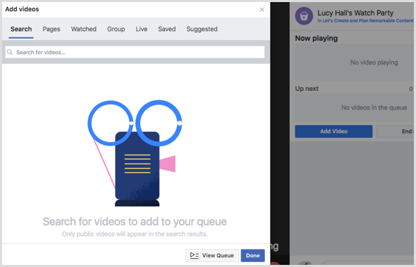 Facebook izleme partisi sıranıza video eklemek için bir kaynak seçin.