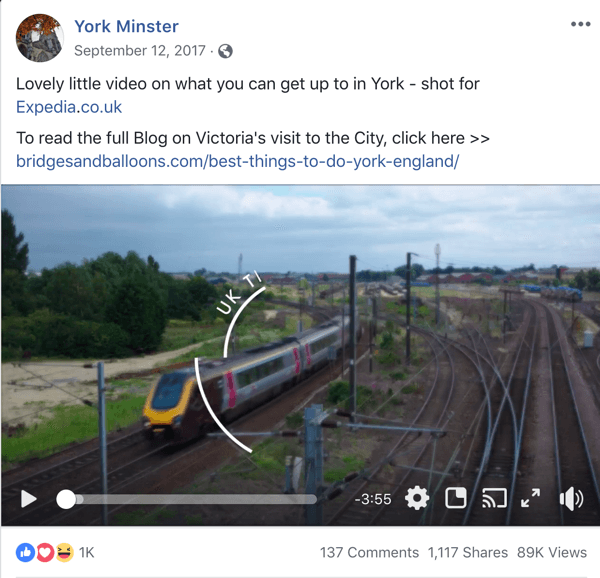 York Minster'dan turistik bilgiler içeren Facebook yayını örneği.