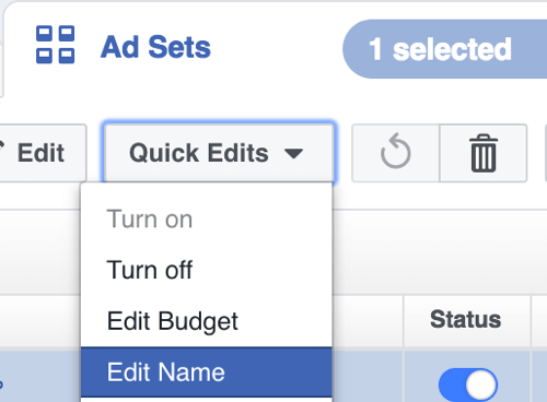 Facebook Power Editor'da, Hızlı Düzenlemeler açılır menüsünden Adı Düzenle'yi seçin.
