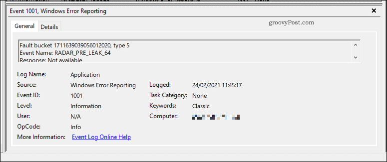 Windows hata raporu örneği