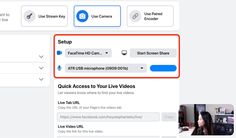 Kamera ve mikrofonunuzu ve / veya ekran paylaşımınızı seçmek için facebook canlı yayın kurulum seçeneği