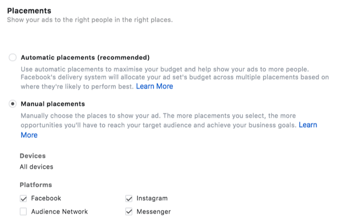 özellikle facebook, instagram ve messenger olmak üzere manuel yerleşimlerin seçildiği reklam yerleşimi için menü seçenekleri