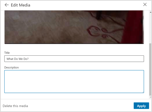 LinkedIn profilinizdeki bir videoya bağlantı oluşturduğunuzda gördüğünüz Medyayı Düzenle iletişim kutusu