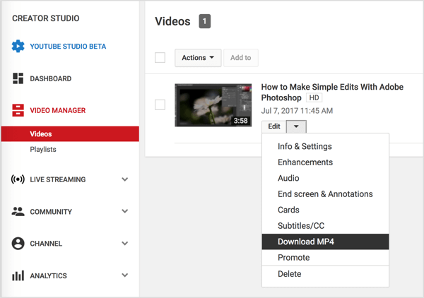 Video Yöneticisi'nde videonuza gidin, YouTube videonuzun yanındaki Düzenle düğmesini tıklayın ve MP4'ü İndir'i seçin.