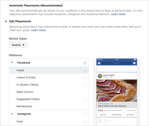 Bir Facebook etkileşim reklamı için yerleşimler seçin.