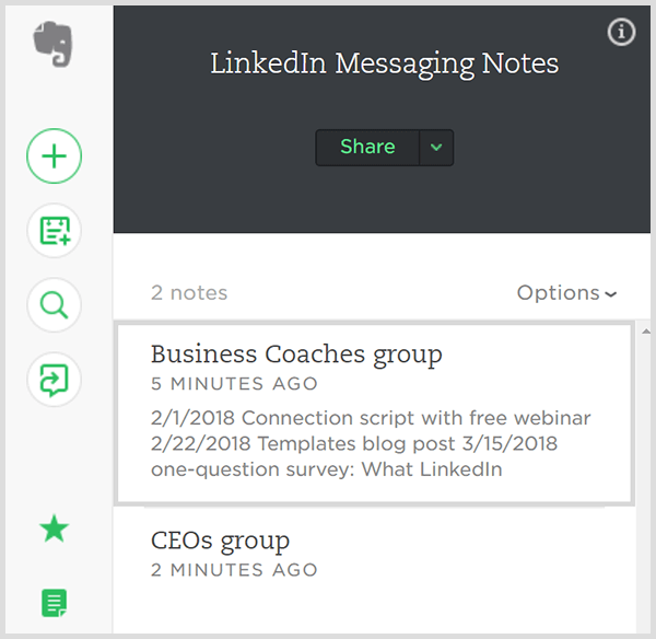 Evernote'taki LinkedIn kişi gruplarına gönderilen mesajları izleyin. 