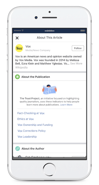 Facebook, Haber Kaynağında paylaşılan makaleler için yeni yayıncı Güven Göstergelerini göstermeye başlayacak.