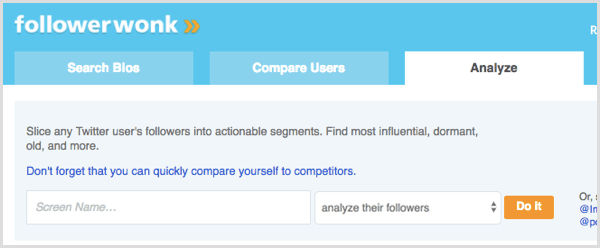 FollowerWonk, Twitter kullanıcısının takipçilerini analiz etmek için arama